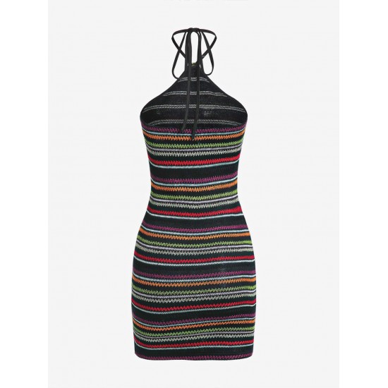 Open Back Halter Colorful Stripes Knit Slinky Mini Dress Open Back Halter Colorful Stripes Knit Slinky Mini Dress
