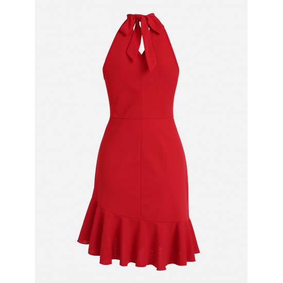 Keyhole Cut Out Halter Ruffled Hem Mini Dress Keyhole Cut Out Halter Ruffled Hem Mini Dress