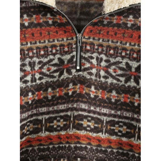 Tribal Ethnic Aztec Printed Faux Shearling Collar Quarter Zip Sweatshirt Tribal Ethnic Aztec Printed Faux Shearling Collar Quarter Zip Sweatshirt
